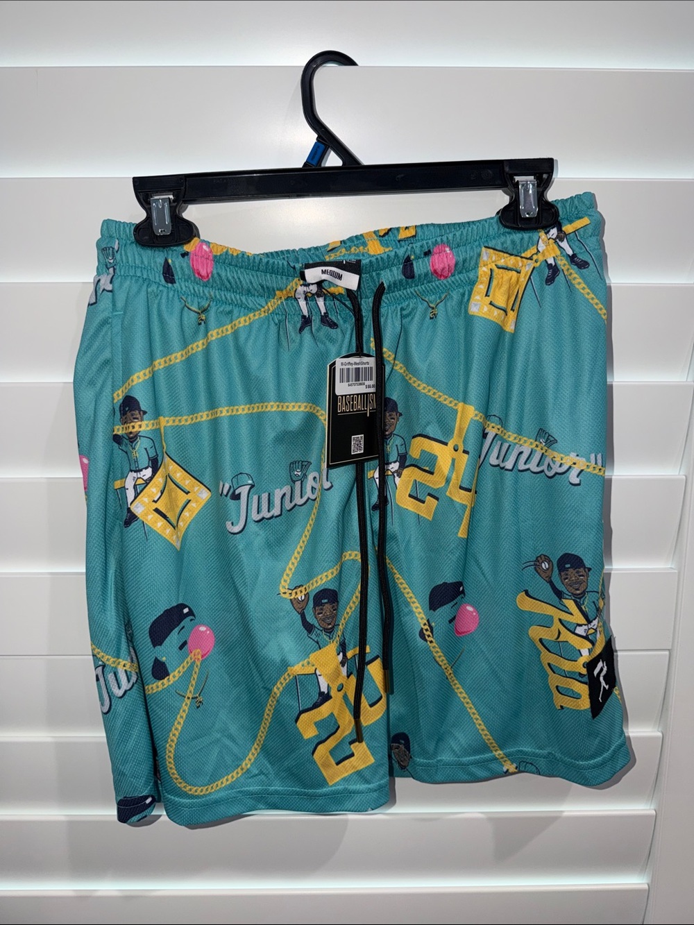 NWT Ken Griffey Teal Graphic Men's Mesh Trunks with Drawstring Waist-M